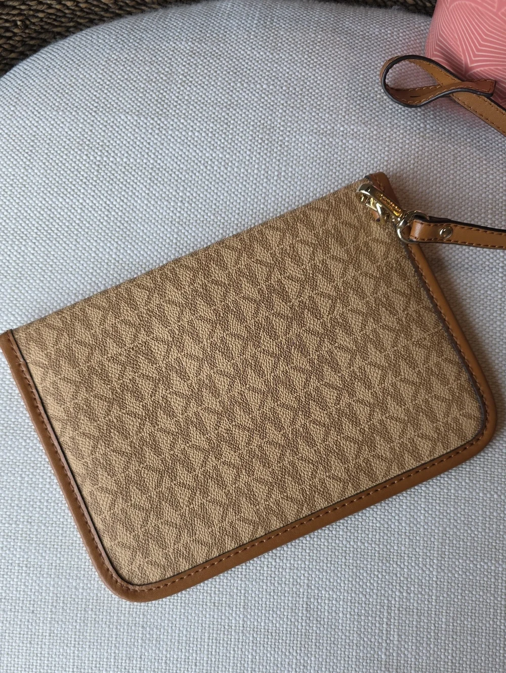 Michael Kors Beige Tan Signature Wristlet Clutch with Gold Hardware